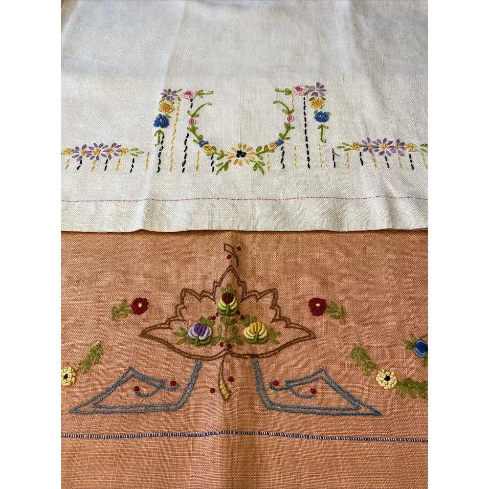 VINTAGE Hand Embroidered Tea Guest Towels Dresser Scarfs LINEN Floral Lot of 3